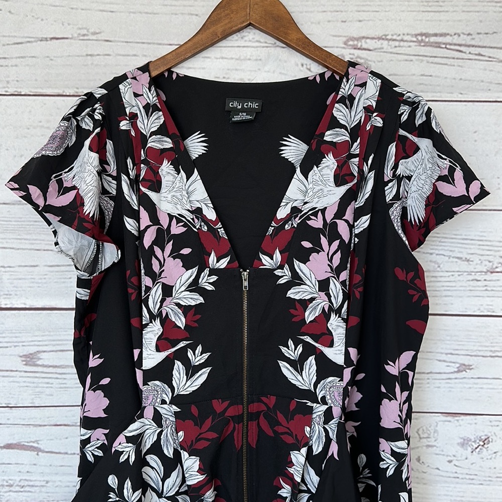 City Chic Floral Zip-Front Black & Pink Dress - Picture 2 of 8